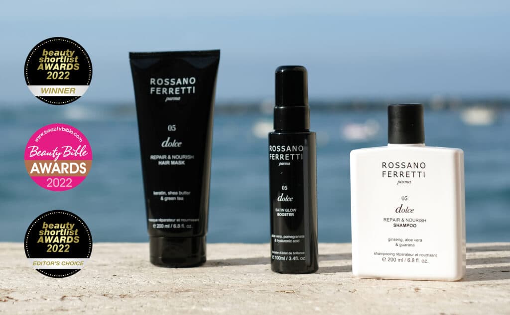 Rossano Ferretti Parma's Dolce nourishing routine with the nourishing shampoo, the repair and nourish mask and the satin glow booster spray.